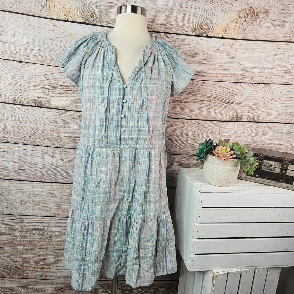 LOFT Womens Blue Pink Plaid Tiered‎ Midi Dress Short Sleeve Cotton Small